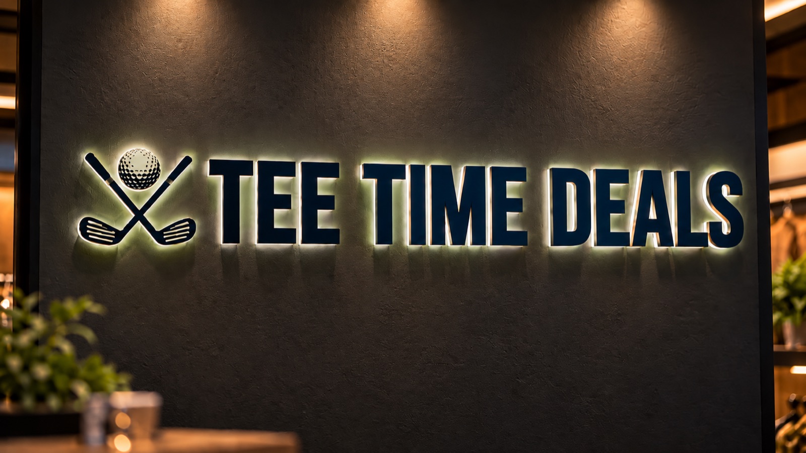 An illuminated Tee Time Deals sign — crossed golf clubs and a ball beside the name in navy channel letters — mounted on a dark wall.